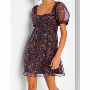 Wild Fable Black Floral Organza Muse Puff Sleeve Baby Doll Dress size small